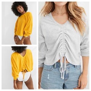 AERIE LIGHT GRAY TOWEL TERRY CINCH SWEATSHIRT (Yellow is not for sale)